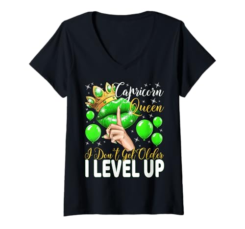 Damen Steinbockkönigin I Don't Get Older I Level Up Birthday Queen T-Shirt mit V-Ausschnitt von Glorious Royal Birthday Queens