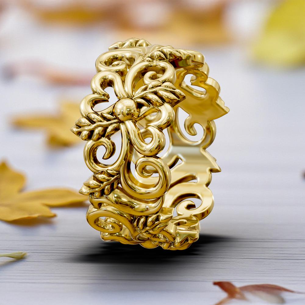 Gold Blumen Ehering Handgefertigter Floraler Brautring von GloriousJewelOnline