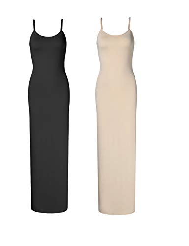 GloryStar Frauen Full Slip Unter Kleider Ärmellos Verstellbar Spaghetti Strap Cami Maxi Kleid Nachthemden Nachtwäsche, Zwei schwarz & nackt, Klein von GloryStar