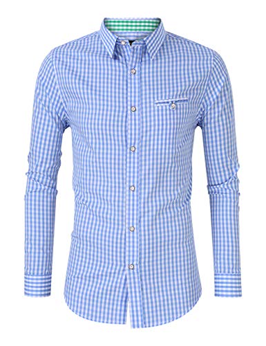 GloryStar Herren Deutsch Bayerisch Oktoberfest Button Down Dress Shirts Slim Fit Plaid Hemd für Lederhosen, Hell, blau, XX-Large von GloryStar