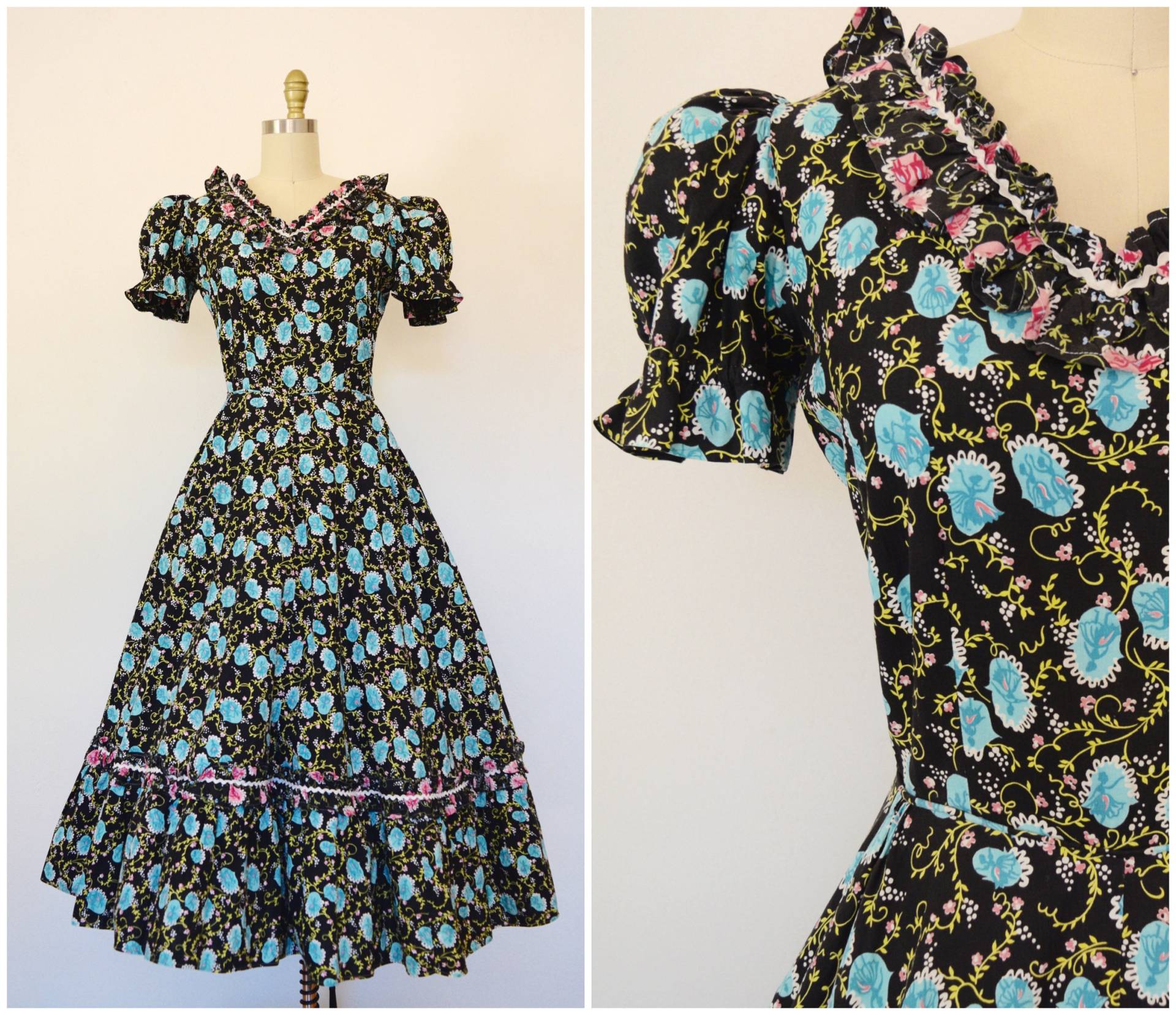 50Er Jahre Kleid/Vintage Schwarzes Baumwollkleid + Ric Rac Rüschen Türkis Rosa Ballerina Floral Print Folk Square Dance Dress 50Er Jahre Kleid/Vintage Schwarzes Baumwollkleid + Ric Rac Rüschen Türkis Rosa Ballerina Floral Print Folk Square Dance Dress von GloryTrain