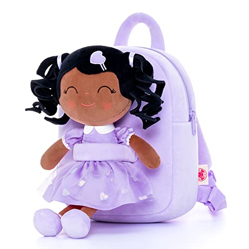 Gloveleya Kleinkind Rucksack Baby Mädchen Geschenk Plüsch Tasche Wickeltasche mit Frühling Mädchen Puppe lockiges Haar Mädchen Spielzeug mit Liebe Braun Lila 9 Zoll von Gloveleya