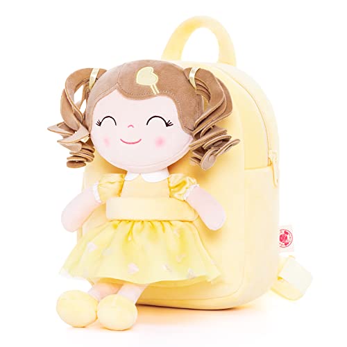 Gloveleya Kleinkind Rucksack Baby Mädchen Geschenk Plüsch Tasche Wickeltasche mit Frühling Mädchen Puppe lockiges Haar Mädchen Spielzeug mit Liebe Gelb 9 Zoll von Gloveleya