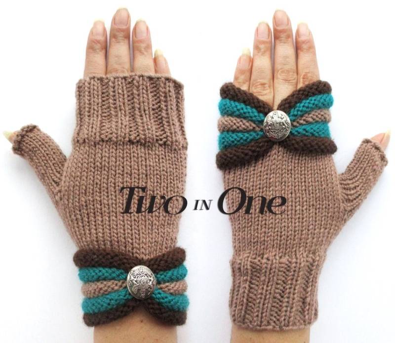 Zwei-In-Eins Gestrickte Fingerlose Handschuhe Reversible Woll-Handstulpen in Braun von GlovesAndMittens