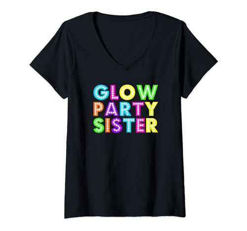 Damen Glow Party Sister Colorful Neon Geburtstag T-Shirt T-Shirt mit V-Ausschnitt Damen Glow Party Sister Colorful Neon Geburtstag T-Shirt T-Shirt mit V-Ausschnitt von Glow Party Sister By YRM Tee
