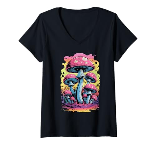 Damen Trippy Pink Mushrooms in Einer lebendigen Regenbogen-Fantasiewelt T-Shirt mit V-Ausschnitt Damen Trippy Pink Mushrooms in Einer lebendigen Regenbogen-Fantasiewelt T-Shirt mit V-Ausschnitt von GlowFungi