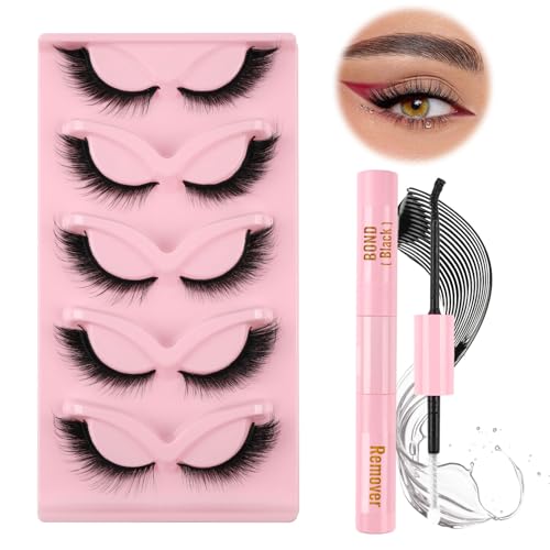Glowing Win Falsche Wimpern Set mit Kleber Falsche Wimpern Cat Eye Lashes Falsche wimpern 5 Paar Natürliche Wimpern with Bond and Remover Angel Winged Fox Eye Fake Lashes Set von Glowing Win