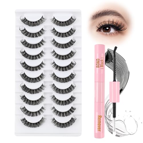 Glowing Win Falsche Wimpern Set mit Kleber Künstliche Wimpern Fake Lashes with Bond and Remover 3D Russische wimpern 10 Paar Natürlich Wimpern Russian Lashes Cat Eye Eyelashes von Glowing Win