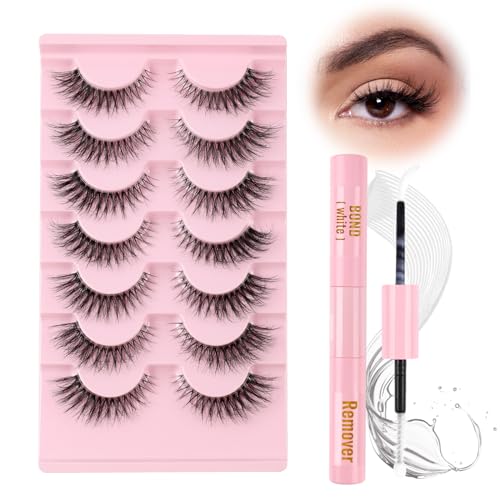 Glowing Win Falsche Wimpern mit Kleber Flauschiges Volumen Katzenauge Künstliche Wimpern Set Natürlich Clear Band Fake Lashes Cat Eye Fluffy Strip Lashes with Bond and Remover Eyelashes 7 Paar von Glowing Win