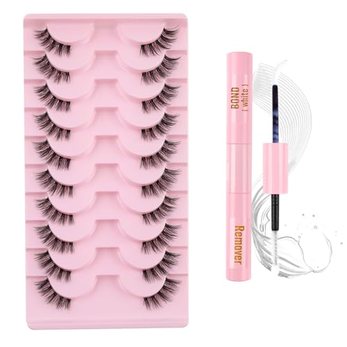 Glowing Win Halbe Wimpern mit Kleber Falsche Wimpern Set Natürlich Katzenauge Wimpern Cat Eye Half Lashes Künstliche Wimpern Set Clear Band with Bond and Remover Fake Lashes Natural Look 10 Paar von Glowing Win