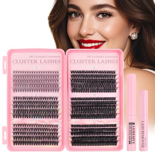 Glowing Win Wimpern Extensions Set 590 Stück Cluster Lashes Extension Set Mit Kleber und Entferner 20D 40D 50D 60D 80D 100D Cluster Wimpern Einzeln 8-16mm Wimpernverlängerung für DIY zu Hause von Glowing Win