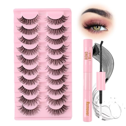 Glowing Win Wimpern mit Kleber 3D Katzenauge Falsche Wimpern Natürliche 10 Paar Künstliche Wimpern Set Cat Eye Fake Lashes with Bond and Remover Russian Strip Eyelashes von Glowing Win