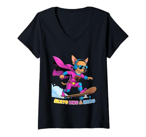 Damen Lustiger Skater Hund – Chihuahua fährt Skateboard T-Shirt mit V-Ausschnitt Damen Lustiger Skater Hund – Chihuahua fährt Skateboard T-Shirt mit V-Ausschnitt von Glowing & Grounded
