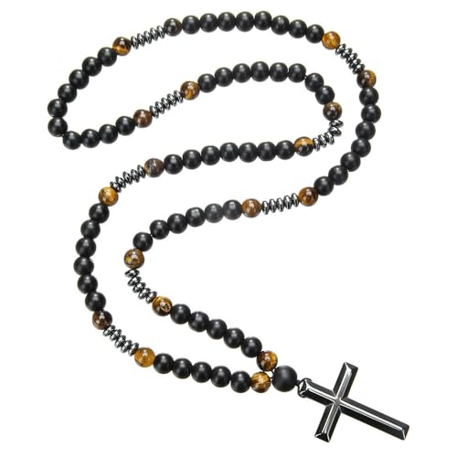 Glowjoy Katholisches Kreuz Rosenkranz Halskette, Tigerauge Halskette, Rosenkranz, Edelstein Schmuck Damen Herren, Christlich Religiöse Gebet Kommunion Taufe Geschenke für Männer Frauen von Glowjoy