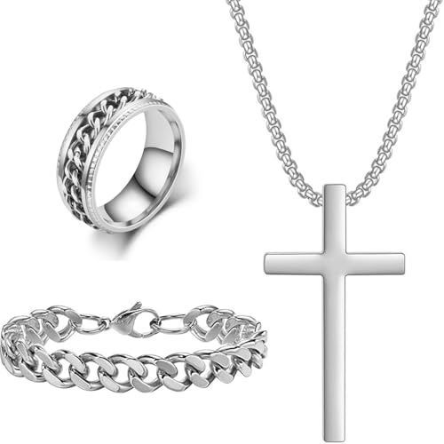 Glowjoy Kreuzkette Herren Kreuz kette, Edelstahl Männer Anhänger Kreuz Halskette Herrenarmbänder Ringe Set, Herren Silber Kette, Geschenke für Männer Fraun Glowjoy Kreuzkette Herren Kreuz kette, Edelstahl Männer Anhänger Kreuz Halskette Herrenarmbänder Ringe Set, Herren Silber Kette, Geschenke für Männer Fraun von Glowjoy