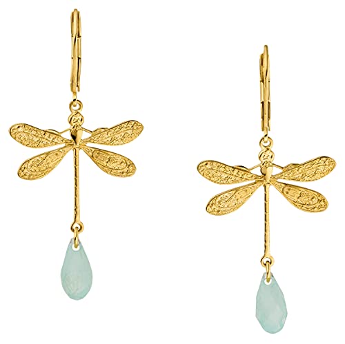 GLOWYBOX Ohrhänger Libelle 14ct GOLD plattiert mit Swarovski Tropfen crysolite opal Länge 3,5cm WOW-Geschenkidee für Frau Damen Kind Mädchen türkis von GLOWYBOX