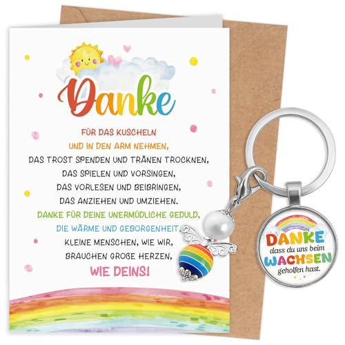 Abschiedsgeschenk Erzieherin, Schutzengel Schlüsselanhänger mit Regenbogen Grußkarte und Umschläge, Kinder Abschiedsgeschenk Kita von GluckGeschenk
