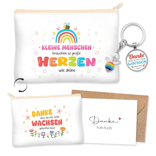 Erzieherin Geschenk Abschied 4 STK, Danke Erzieherin Abschied, Kosmetiktasche, Schlüsselanhänger, Grußkarte und Umschlag, Abschiedsgeschenk Kindergarten Lehrer Lehrerin Tagesmutter Geschenk von GluckGeschenk