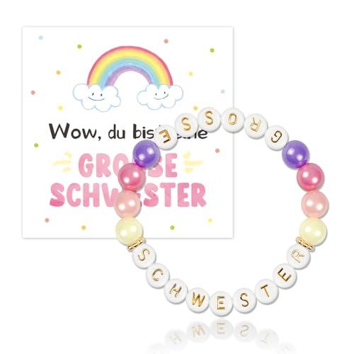 Große Schwester Geschenk, Schwester Armband Du Bist Eine Grosse Schwester, Geschenk für Geschwister zur Geburt, Elastisches Perlenarmband mit Kärtchen und Stoffbeutel von GluckGeschenk