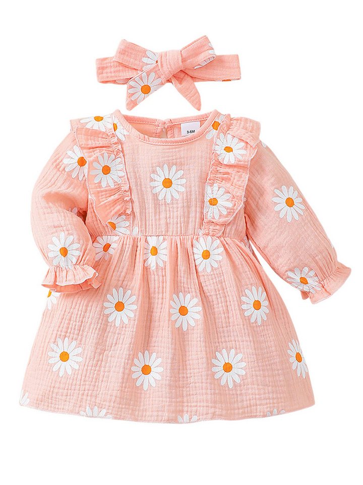 Gluckids A-Linien-Kleid Baby Langarmkleid aus Baumwolle, mit Blumendruck & Stirnband (Set, 2-tlg) Neugeborene Outfit Set, Lässiges Partykleid mit Rüschen von Gluckids