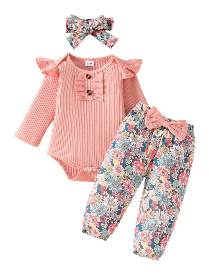 Gluckids Langarmshirt & Hose Baby Mädchen Blumen Strampler+Hose Outfits Rüschen Basic Freizeitanzug (3-tlg) Frühling & Sommer Babykleidung Langarm Overall Set mit Stirnband von Gluckids
