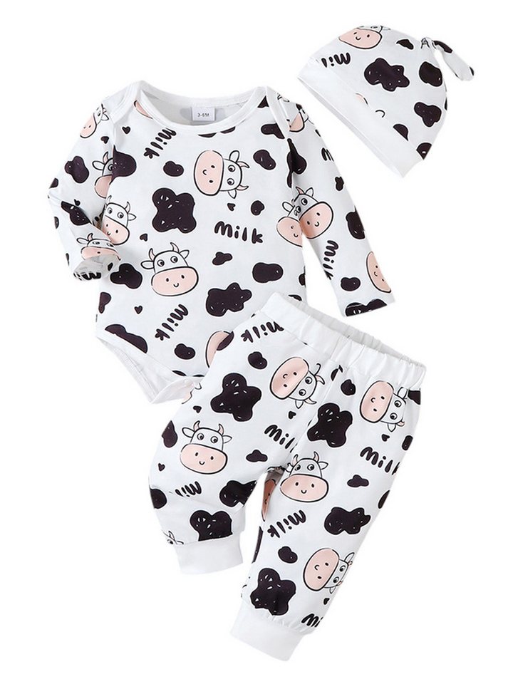 Gluckids Langarmshirt & Hose Baby bequem Kleidung, Langarm-Body, Hose und Mütze mit Tierdruck (Set, 3-tlg) Jungen und Mädchen Basic Casual Set für Neugeborene im Frühling/Herbst von Gluckids
