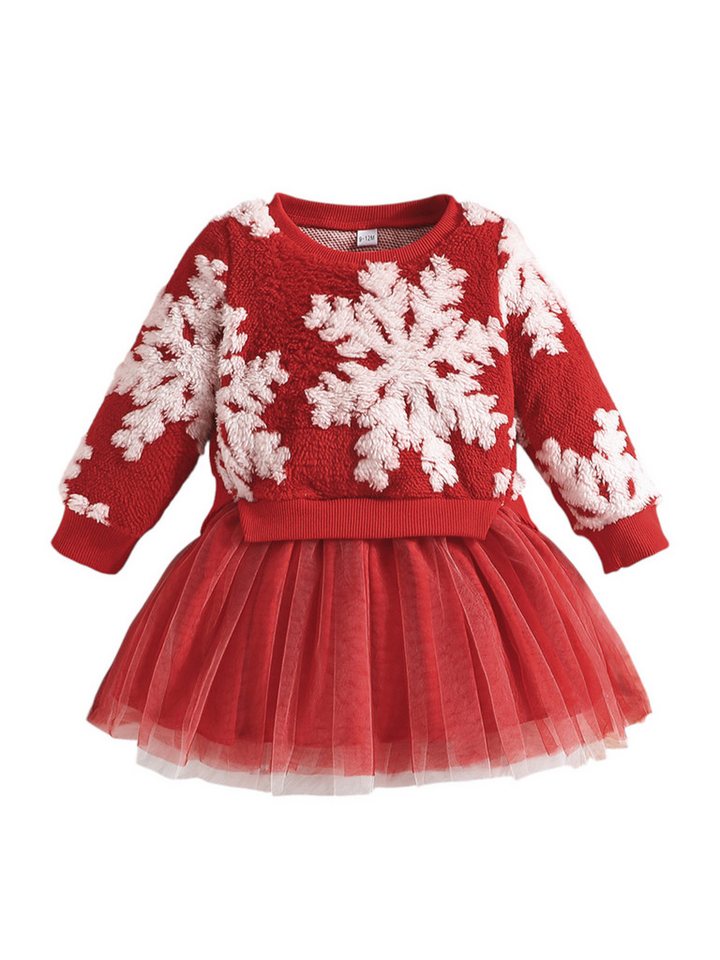Gluckids Partykleid Mädchen Weihnachts Tüllkleid Langarm A-Linien-Kleid Snowflake Drucken (1-tlg) geplüscht Midikleid knielang, Patchwork mit Tüllrock, festliche von Gluckids