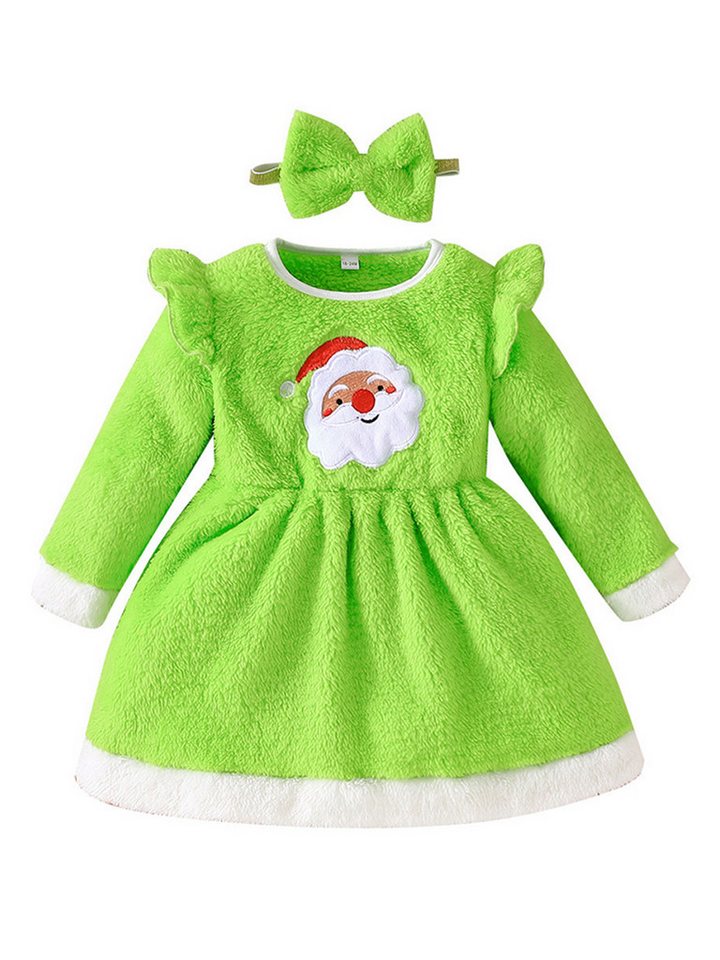 Gluckids Partykleid Weihnachten Baby-Mädchen-Set Plüsch Langarmkleid Partykleid +Stirnband (2-tlg) Printed Midikleid Weihnachtskleid Winterkleid Fleece A-Line-Kiled von Gluckids
