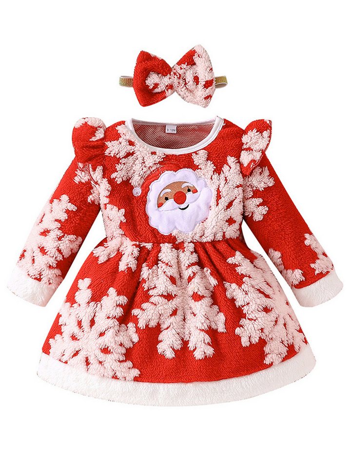 Gluckids Partykleid Weihnachten Baby-Mädchen-Set Plüsch Langarmkleid Partykleid +Stirnband (2-tlg) Printed Midikleid Weihnachtskleid Winterkleid Fleece A-Line-Kiled von Gluckids
