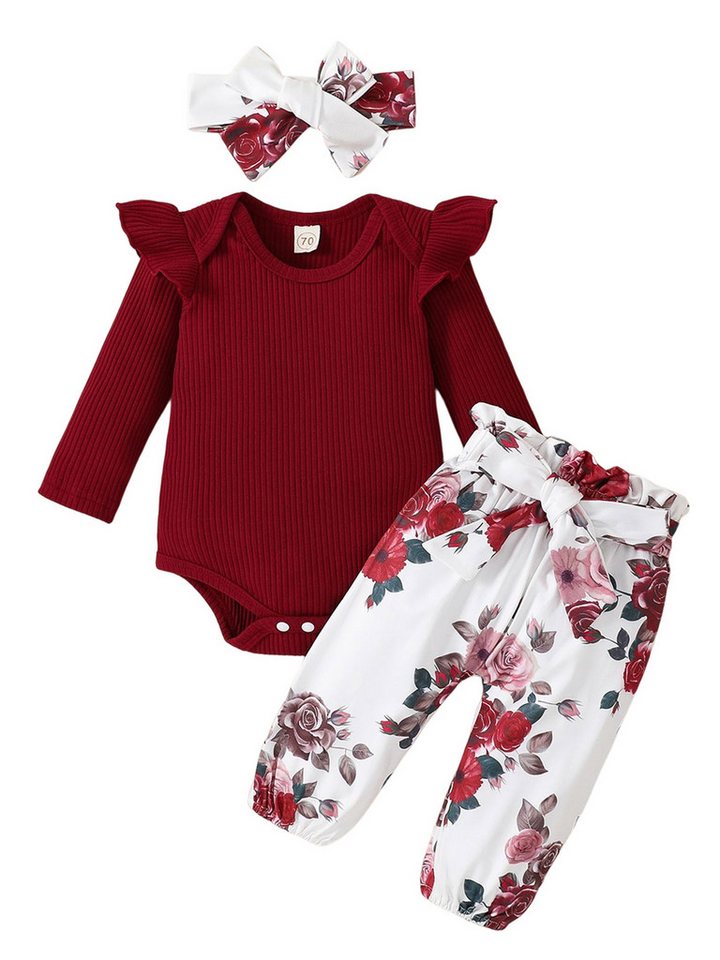 Gluckids Shirt, Leggings & Haarband Baby Mädchen Langarm Body Strampler Rüschen Blumen Hosen+Stirnband Set (3-tlg) Einfarbige Pullover Strampler Top Babykleidung Outfit, 0-18 Monate von Gluckids
