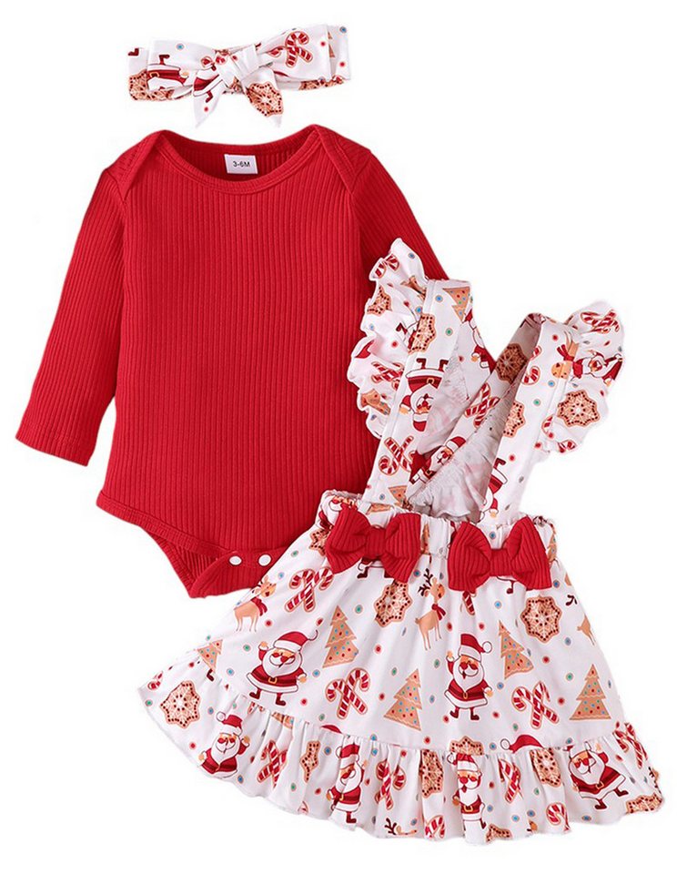 Gluckids Shirt, Rock & Haarband Weihnachtliche Grundausstattung für Baby Mädchen 3-tlg bedruckt Set, Body, Trägerkleid & Stirnband von Gluckids