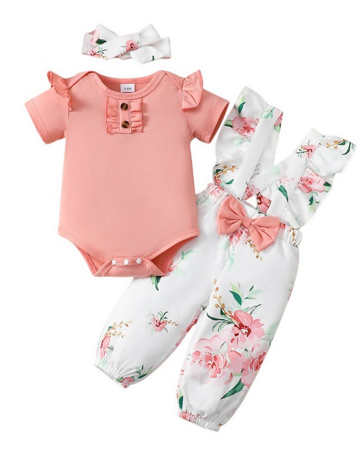 Gluckids Strampler Baby Mädchen Blumen Kleidungsset Strampler +Latzhose +Stirnband Outfit (3-tlg) Neugeborene Baby Kurzarm Overalls Sets Sommer Täglich Freizeitanzug von Gluckids