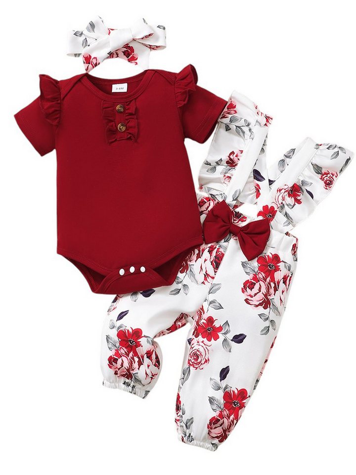 Gluckids Strampler Baby Mädchen Blumen Kleidungsset Strampler +Latzhose +Stirnband Outfit (3-tlg) Neugeborene Baby Kurzarm Overalls Sets Sommer Täglich Freizeitanzug von Gluckids