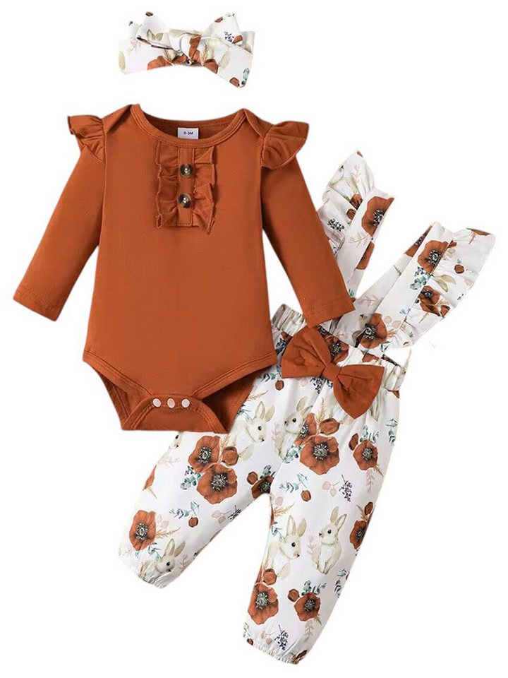 Gluckids Strampler Baby Mädchen Kleidung Set Blumen Langarm Pullover Babykleidung Anzug (3-tlg) Rüschen Langarm Strampler Latzhose Stirnband Sets für täglich Freizeit von Gluckids