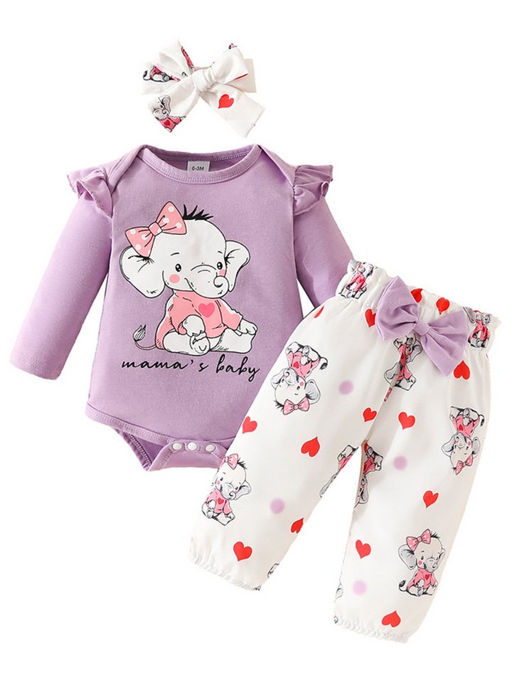 Gluckids Strampler Baby Mädchen Langarm Strampler & Hose Outfits Set Drucken Babykleidung (3-tlg) Alltags Casual Baby-Overall Sets, Bodysuit Leggings & Haarband von Gluckids