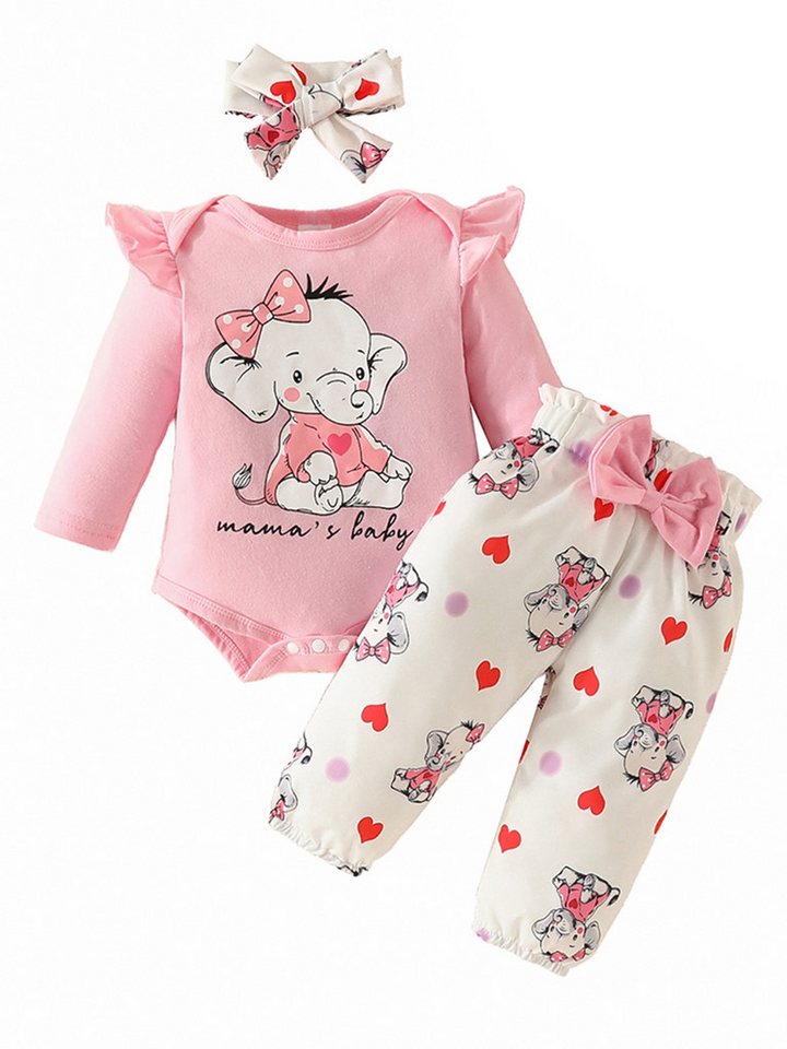 Gluckids Strampler Baby Mädchen Langarm Strampler & Hose Outfits Set Drucken Babykleidung (3-tlg) Alltags Casual Baby-Overall Sets, Bodysuit Leggings & Haarband von Gluckids