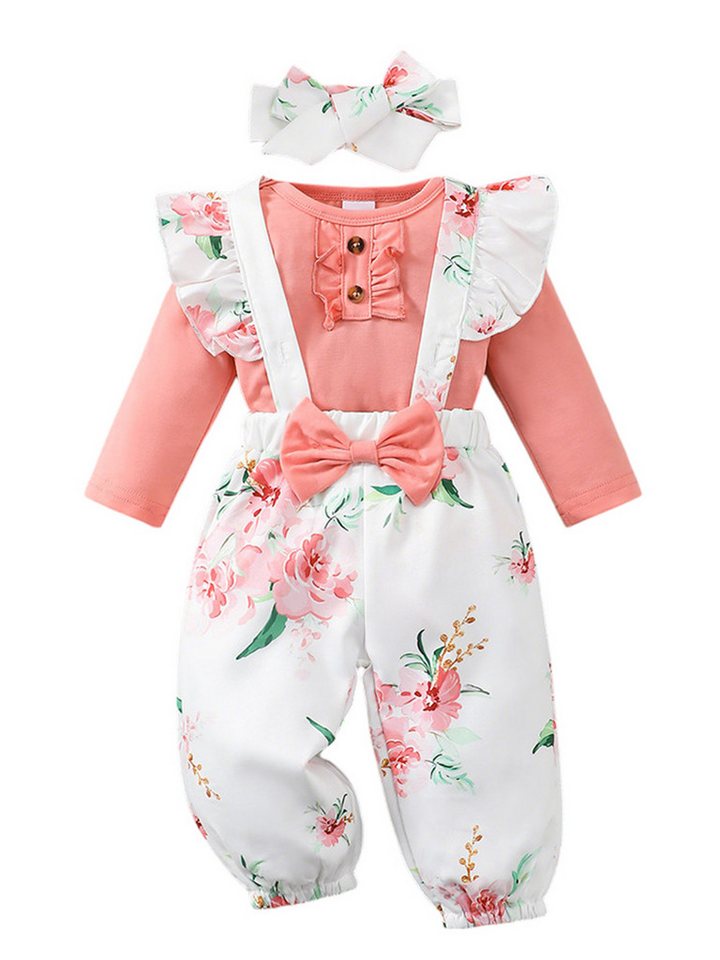 Gluckids Strampler Baby Mädchen Süßes Set Blumen Langarm Babykleidung Casual Anzug (3-tlg) Rüschen Overall + Hose+ Stirnband Set, Frühling Herbst Babykleidung von Gluckids