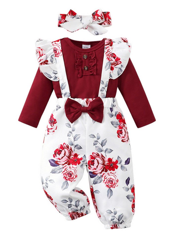 Gluckids Strampler Baby Mädchen Süßes Set Blumen Langarm Babykleidung Casual Anzug (3-tlg) Rüschen Overall + Hose+ Stirnband Set, Frühling Herbst Babykleidung von Gluckids
