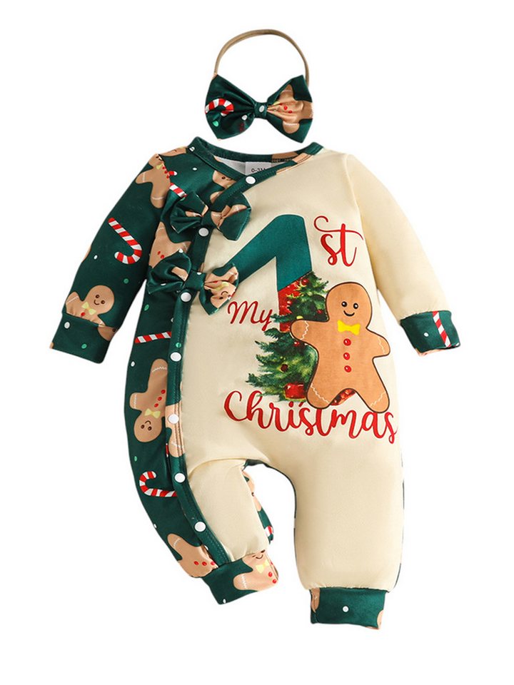 Gluckids Strampler Babykleidung Krabbelanzüge, Weihnachtssets, Strampler und Stirnband (Set, 2-tlg) mit Weihnachtsmann-/Lebkuchenmann-Aufdruck, Druckknöpfe und Schleife von Gluckids