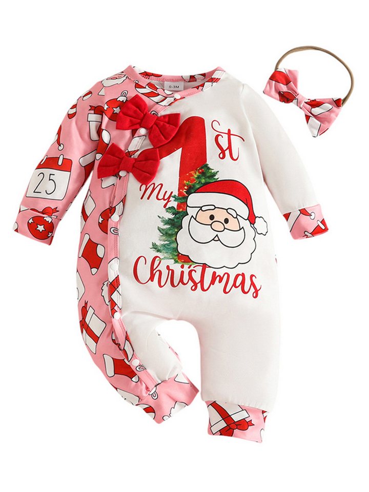 Gluckids Strampler Babykleidung Krabbelanzüge, Weihnachtssets, Strampler und Stirnband (Set, 2-tlg) mit Weihnachtsmann-/Lebkuchenmann-Aufdruck, Druckknöpfe und Schleife von Gluckids