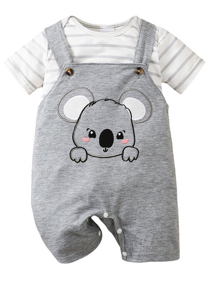 Gluckids Strampler Neugeborene Overall Outfit Kurzarm Strampler + Tierdruck Latzhose Set (2-tlg) Stripe Sommer Babybody Jumpsuit Täglich Freizeit Baby-Set Babykleidung von Gluckids