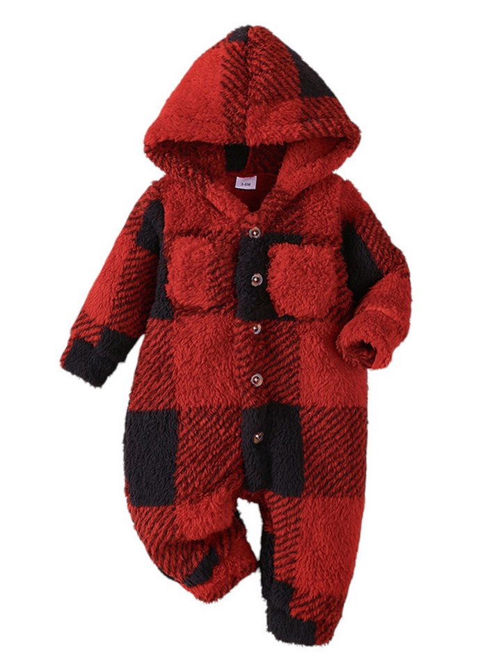 Gluckids Strampler Unisex Baby Weihnachts-Plüsch-Strampler mit Kapuze und Karomuster (1-tlg) Warmer Kontrast Babykleidung für Herbst Winter, mit Knopfverschluss von Gluckids