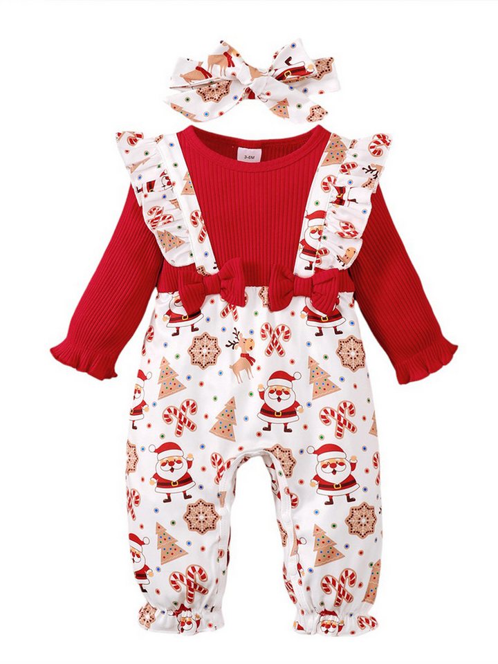 Gluckids Strampler Weihnachts Langarm Strampler Outfit Baby Mädchen Overall+Stirnband Set (Set, 2-tlg) Babykleidung Drucken Langarmoverall, Krabbelanzug, Baumwollmischung von Gluckids