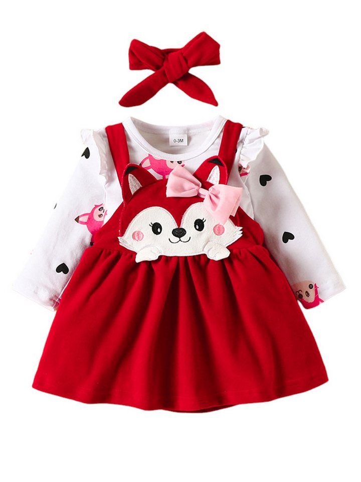 Gluckids T-Shirt & Kleid Baby Mädchen Süß Tierdruck Strampler Latzkleid + Stirnband Outfits Set (3-tlg) Fuchs & Herz-Muster Langarm Babykleidung Rüschen Bodysuit Träger Rock von Gluckids