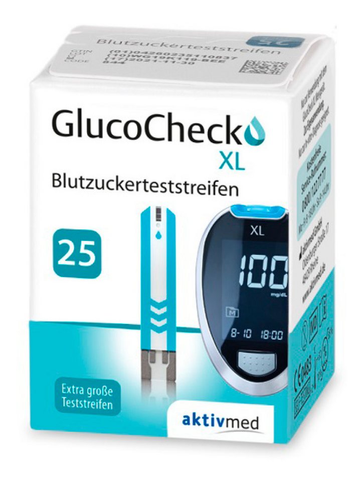 GlucoCheck Blutzucker-Teststreifen GlucoCheck XL Teststreifen, 25-tlg., Große, griffige Teststreifen von GlucoCheck