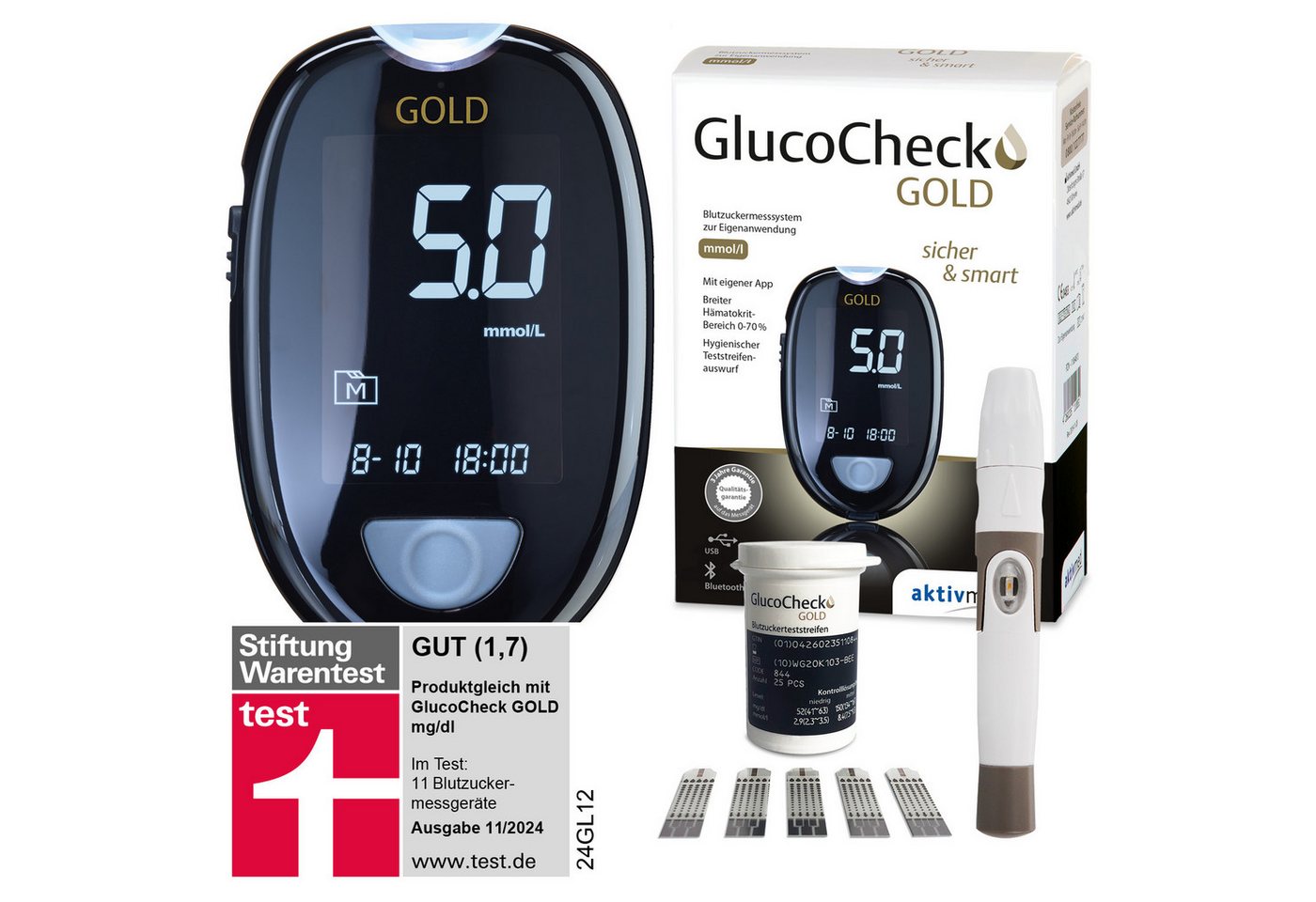 GlucoCheck Blutzuckermessgerät GlucoCheck GOLD Blutzuckermessgerät, Inkl. 10 Teststreifen von GlucoCheck