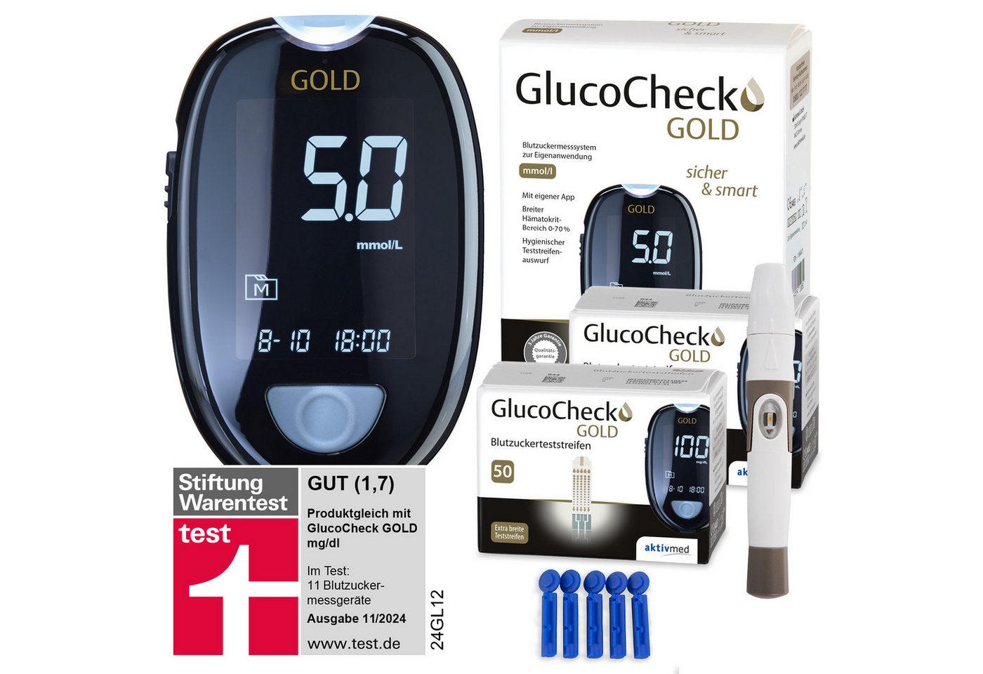 GlucoCheck Blutzuckermessgerät GlucoCheck GOLD Blutzuckermessgerät, Inkl. 110 Teststreifen von GlucoCheck