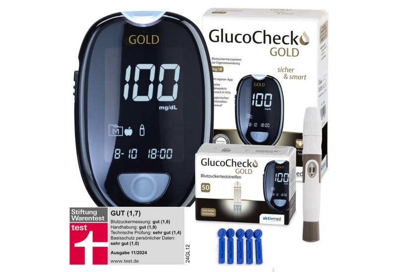 GlucoCheck Blutzuckermessgerät GlucoCheck GOLD Blutzuckermessgerät, Starter-Set, inkl. 60 Teststreifen, Goldbeschichtung von GlucoCheck