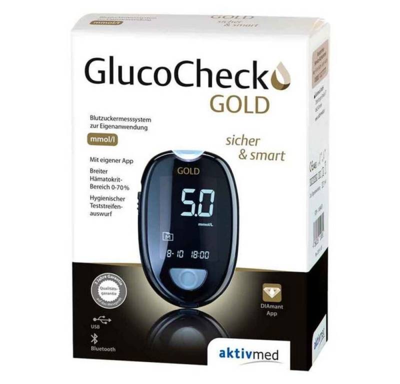 GlucoCheck Blutzuckermessgerät GlucoCheck Gold mgdl oder mmol, Spar-Set, Diabeteskontrolle, Smartes Messgerät, Teststreifeneinschub beleuchtet, Bluetooth und USB-Schnittstelle von GlucoCheck
