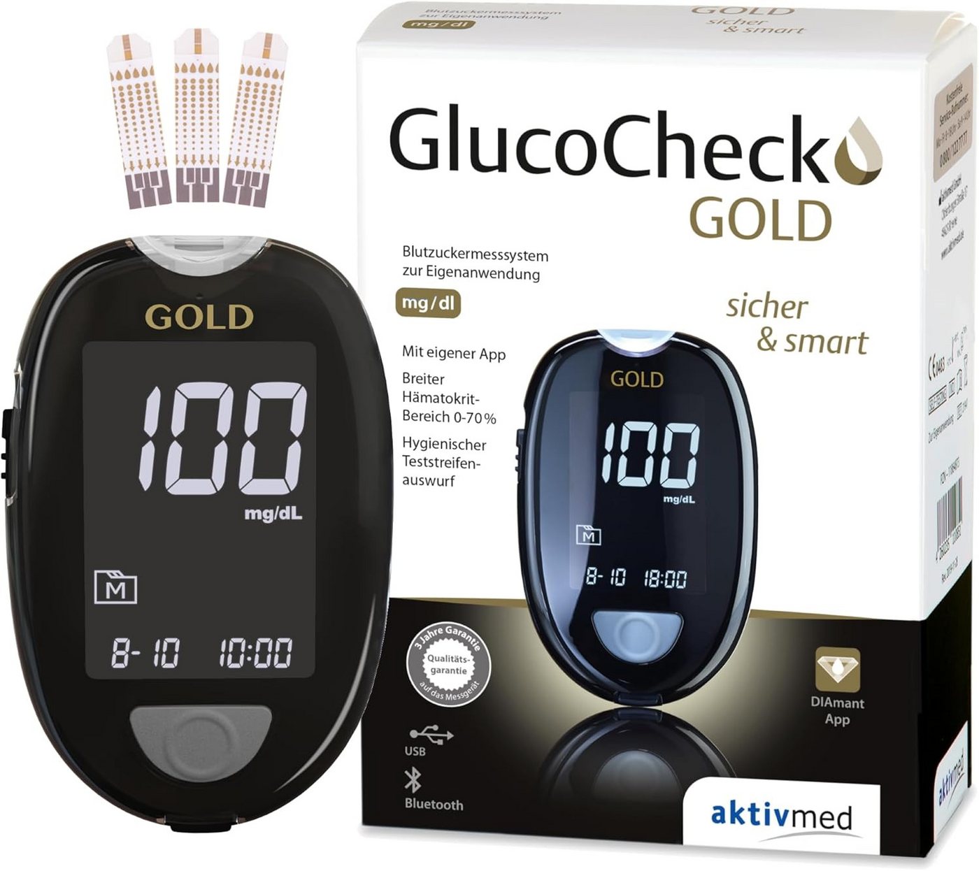 GlucoCheck Blutzuckermessgerät GlucoCheck Gold mgdl oder mmol, Spar-Set, Diabeteskontrolle, Smartes Messgerät, Teststreifeneinschub beleuchtet, Bluetooth und USB-Schnittstelle von GlucoCheck